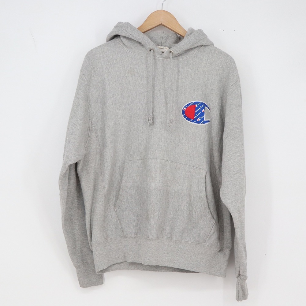 Champion Hoodie Mens Medium Reverse Weave Gray Big Logo GF68 1IC Excellent